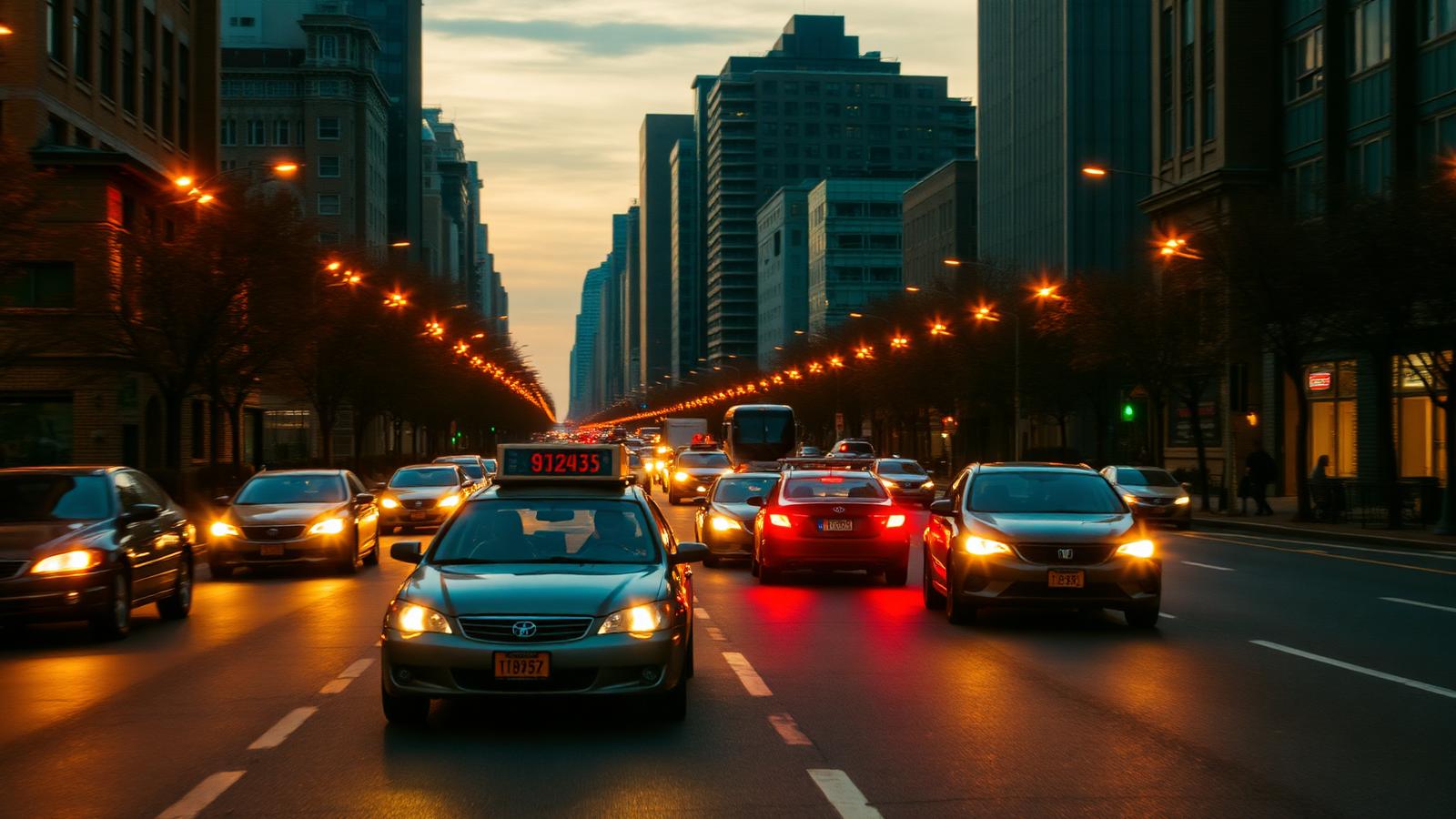City street at dusk filled with rideshare and delivery drivers